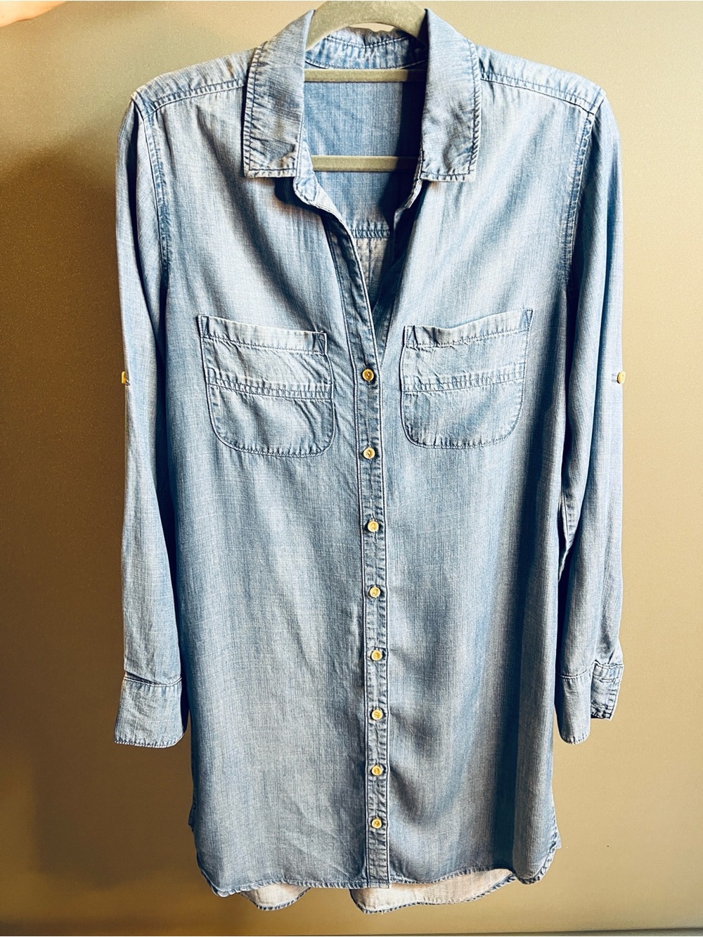 Chambray Denim Shirt Dress | Button Front | Roll Tab Sleeves | Size Small